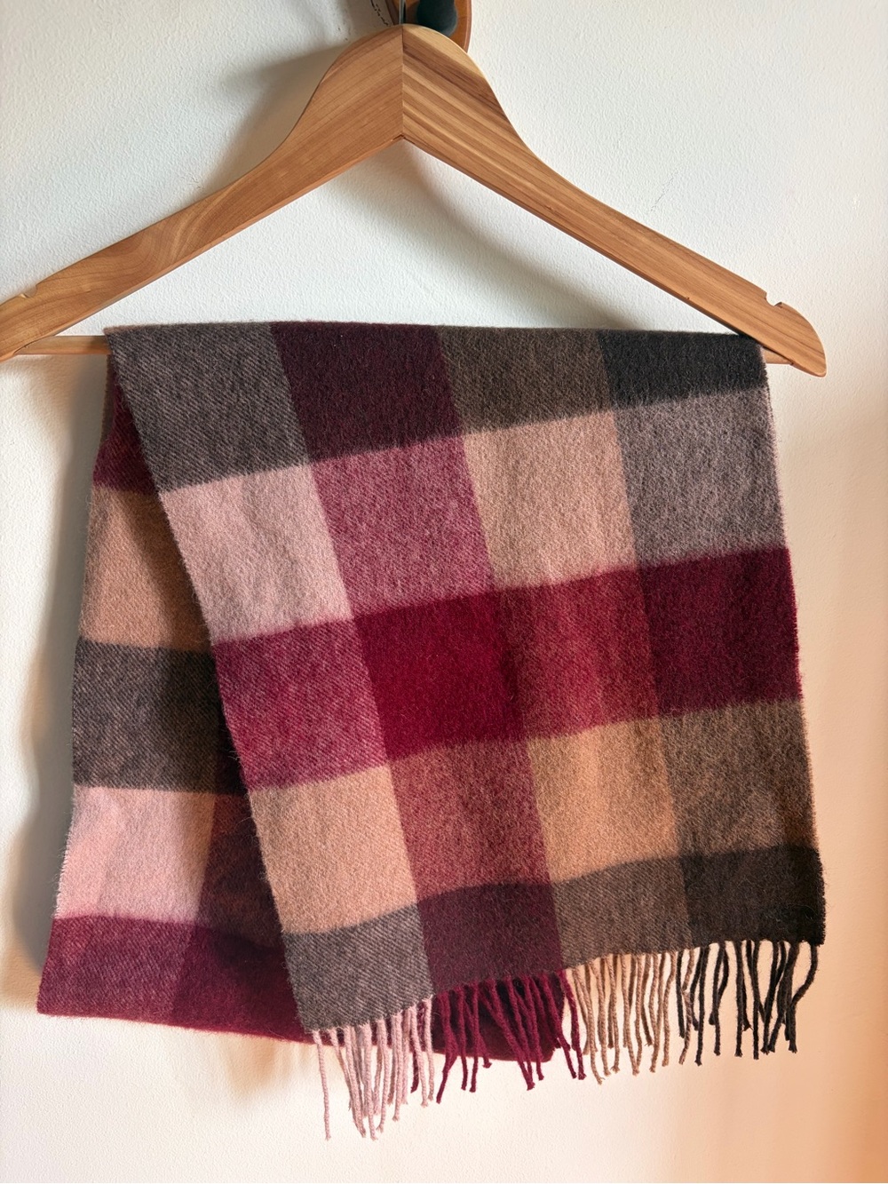 Plaid Fringe Wool Scarf in Pink, Brown, Tan & Burgundy